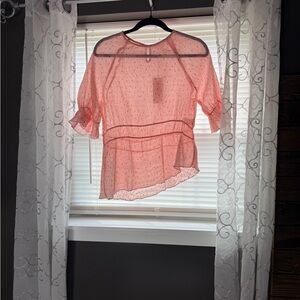 Sheer Pink Dotted Ruffle-Sleeve Blouse - Women